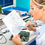 Young attractive female digital electronic engineer checking electronic circuit in laboratory