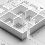 Building project blueprint plans and house model. Real estate, construction concept, banner. Architecture design. 3d illustration
