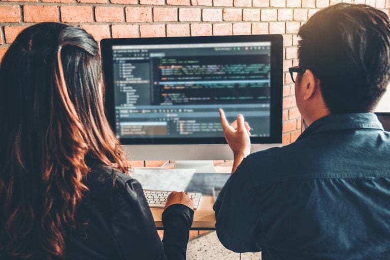 Developing programmer Team Development Website design and coding technologies working in software company office