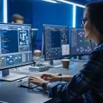 Smart Female IT Programer Working on Desktop Computer in Data Center System Control Room. Team of Young Professionals Doing Code Programming